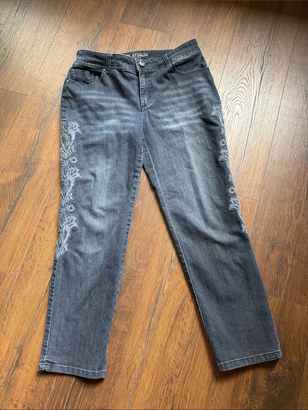 Chico's Charcoal Blue/Gray Jeans with Side Floral Embroidery